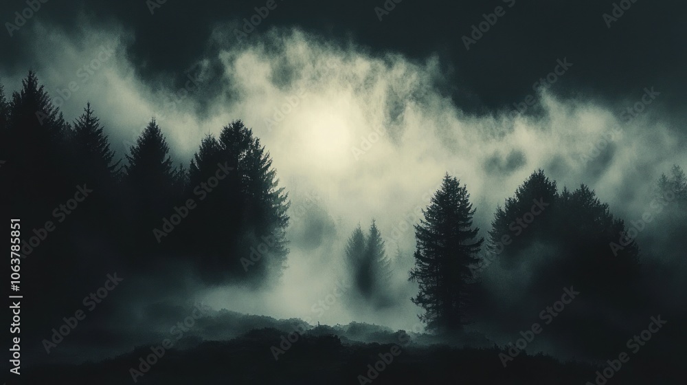 A mysterious forest shrouded in fog with a faint light peeking through the clouds. A mysterious forest shrouded in fog with a faint light peeking through the clouds.