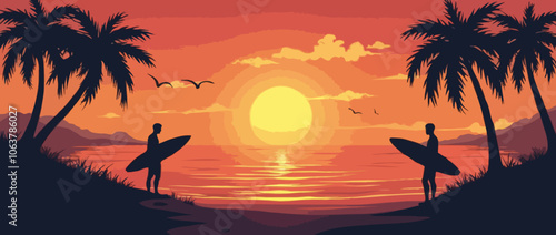 Figures of surfers silhouetted against a tropical sunset. Illustration vector