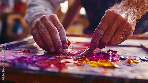 Close-Up of Hands Mixing Vibrant Paints on Palette