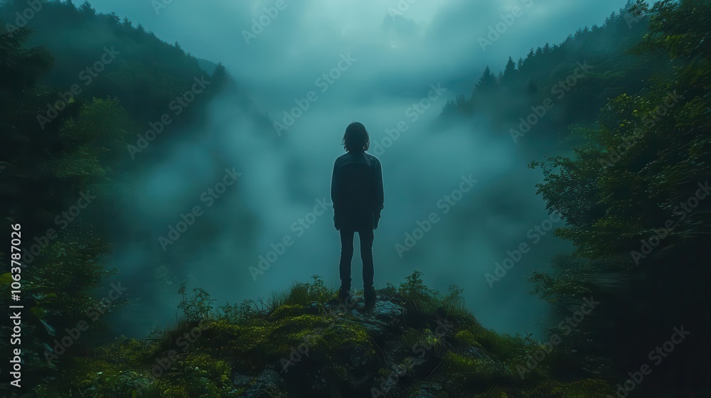 Obraz premium silhouette of a person standing in a misty forest creating a mysterious and enchanting ambiance the soft fog envelops the surroundings adding depth and intrigue to the composition