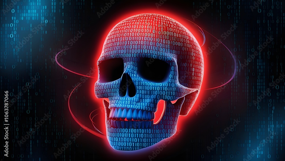Cybersecurity hacking danger digital skull composed of binary code in red and blue on a black background
Cybersecurity hacking danger digital skull composed of binary code in red and blue on a black background