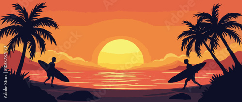 Figures of surfers silhouetted against a tropical sunset. Illustration vector