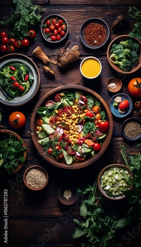 Vibrant Assortment of Fresh Salads with Leafy Greens and Protein on Rustic Wooden Background