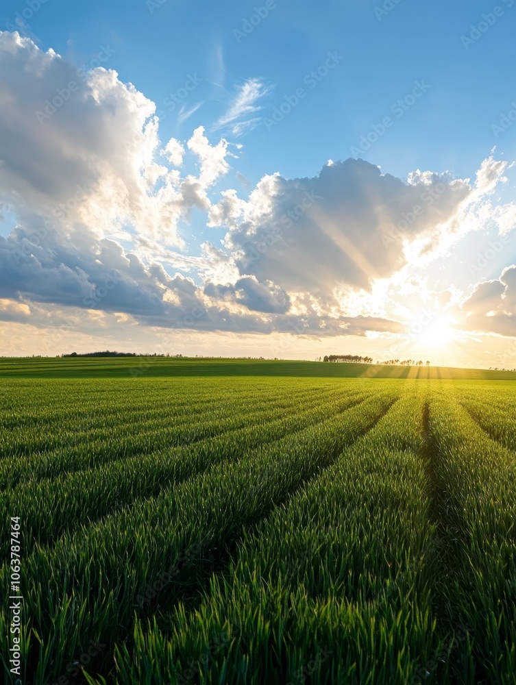 A breathtaking view of a golden sunset over a lush green field. The sunlight streaks through the clouds, illuminating the rows of crops and creating a sense of peace and tranquility. This image evokes A breathtaking view of a golden sunset over a lush green field. The sunlight streaks through the clouds, illuminating the rows of crops and creating a sense of peace and tranquility. This image evokes