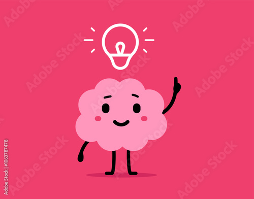 Vector cartoon illustration of happy brain think creative idea on red background. Flat doodle style design of smile pink brain character with light bulb overhead and hand raised up with index finger