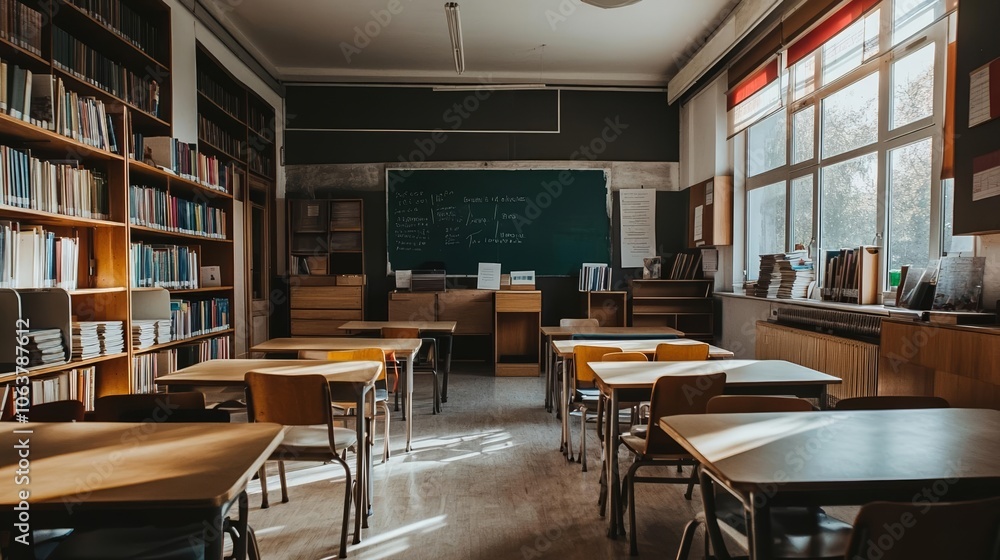 Bright and tidy classroom interior with empty chairs and desks, clean blackboard, books neatly stacked on the shelves, modern education setting Bright and tidy classroom interior with empty chairs and desks, clean blackboard, books neatly stacked on the shelves, modern education setting