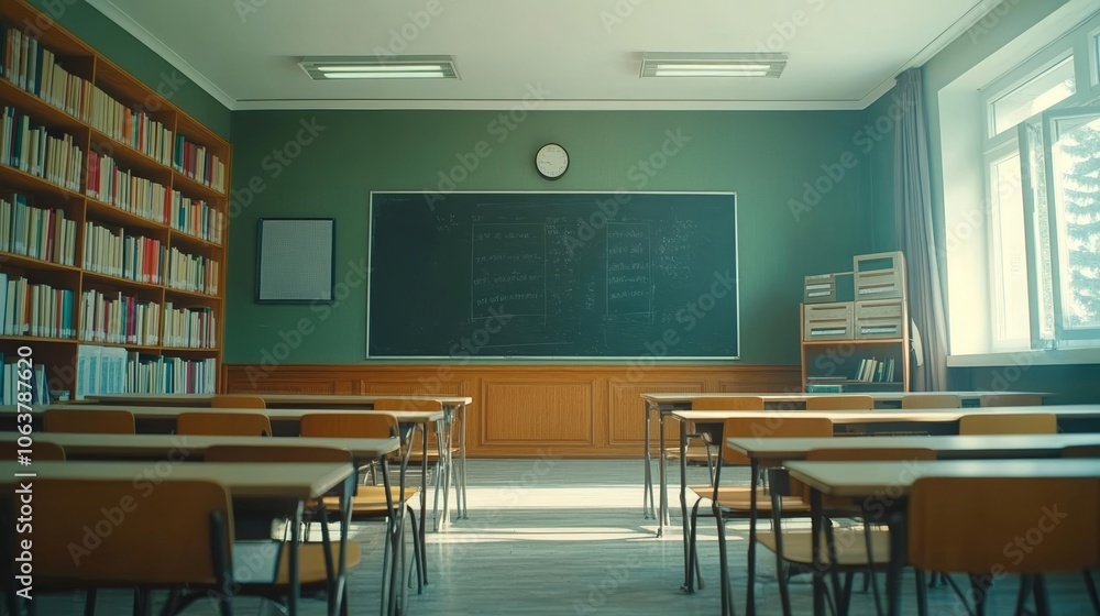 Bright and tidy classroom interior with empty chairs and desks, clean blackboard, books neatly stacked on the shelves, modern education setting Bright and tidy classroom interior with empty chairs and desks, clean blackboard, books neatly stacked on the shelves, modern education setting