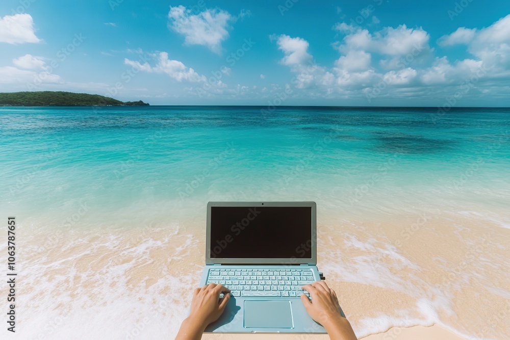 Laptop on beach with hands, work-life balance concept