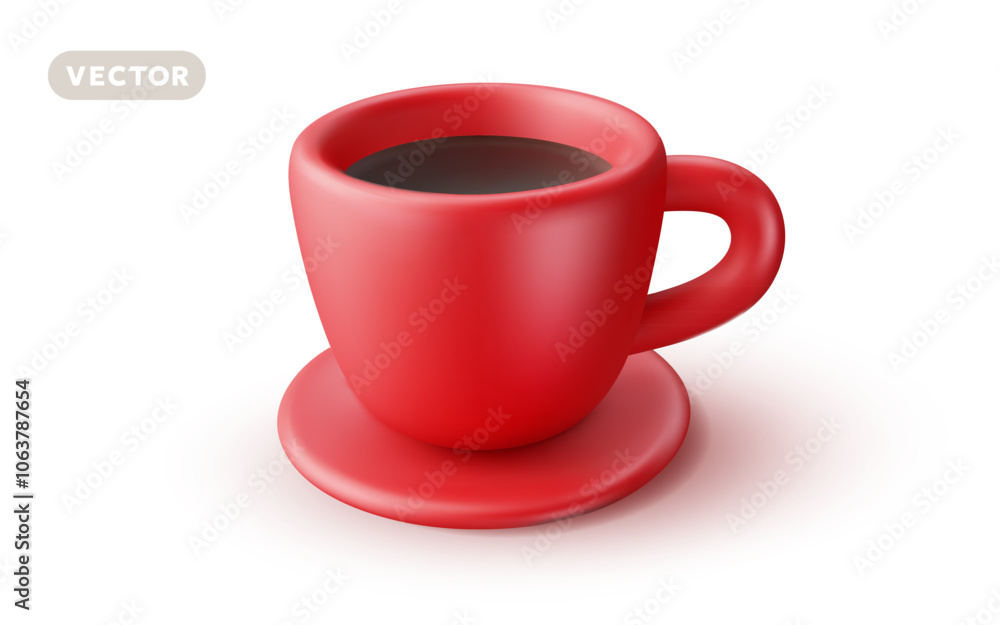 Vector illustration of realistic coffee cup with red color ceramic saucer on white background. 3d style design of coffee cup Vector illustration of realistic coffee cup with red color ceramic saucer on white background. 3d style design of coffee cup