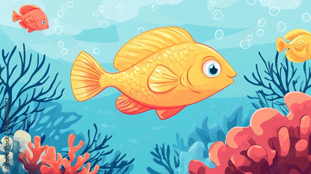 Fototapeta premium A vibrant cartoon-style orange fish swimming among colorful corals.