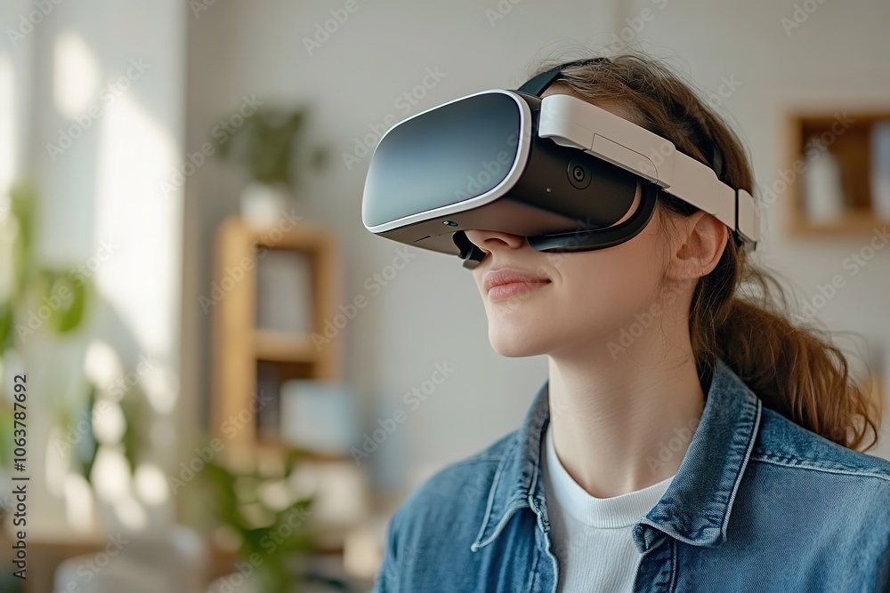 Woman experiences virtual reality with VR headset indoors Woman experiences virtual reality with VR headset indoors