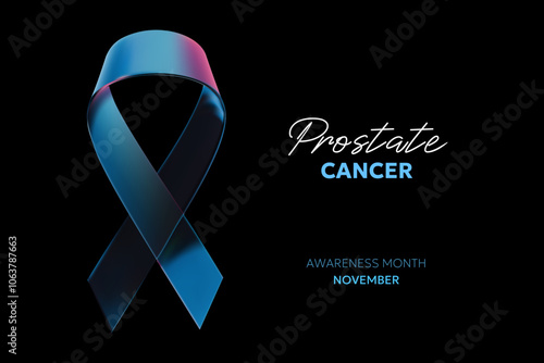 Vector 3d illustration of prostate cancer blue realistic ribbon with loop on black background. Template design of ribbon with word. Symbol of prostate cancer awareness for awareness month campaign