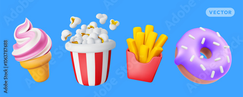 Vector illustration of set of realistic fast food icon. Bucket of pop corn, ice cream, donut and french fries. 3d style design of popcorn bucket, box of french fries, donut and ice cream. Sweet food