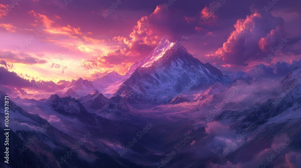 Majestic mountain peak with snowy summit bathed in the warm light of a vibrant sunset with pink, purple, and orange hues. Majestic mountain peak with snowy summit bathed in the warm light of a vibrant sunset with pink, purple, and orange hues.