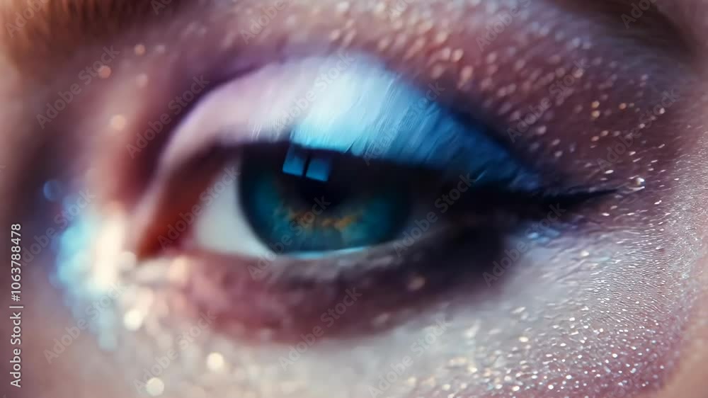 A close-up of a woman's eye with blue and white eyeshadow A close-up of a woman's eye with blue and white eyeshadow