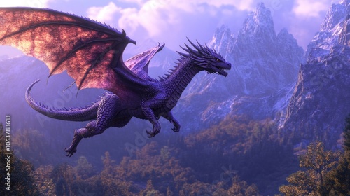 A majestic purple dragon soars through the sky, wings outstretched, above a mountainous landscape with a forest in the foreground.