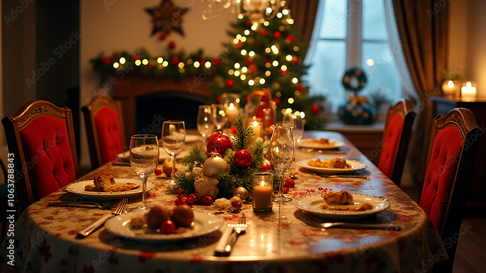 The festive holiday table was left cluttered with remnants of food drink and decorations after a lively Christmas celebration The festive holiday table was left cluttered with remnants of food drink and decorations after a lively Christmas celebration