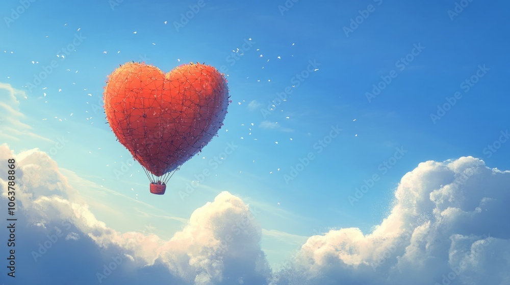 Fototapeta premium A whimsical heart-shaped hot air balloon floating amidst blue skies and fluffy clouds.