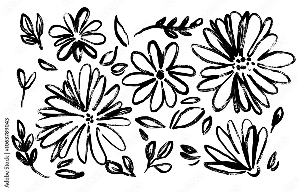 Ink brush flower. Minimalist botanical brush ink strokes. Hand drawn flowers and abstract floral elements. Sketch petals, buds, branches in natural inky style. Decorative vector design Ink brush flower. Minimalist botanical brush ink strokes. Hand drawn flowers and abstract floral elements. Sketch petals, buds, branches in natural inky style. Decorative vector design