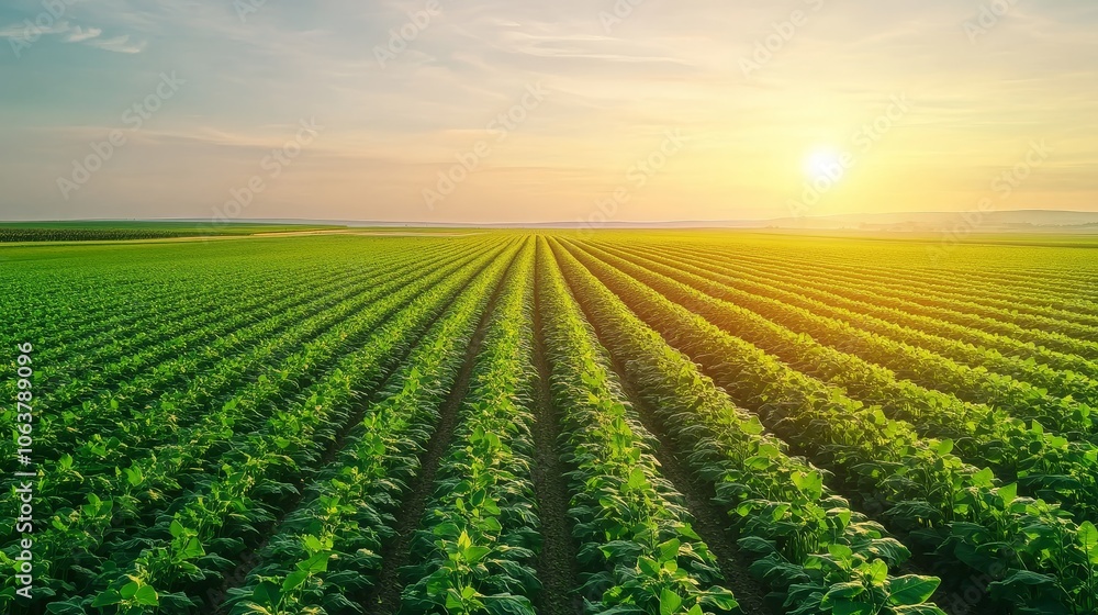 A panoramic view of a green soybean field stretching towards the horizon, with a road cutting through the middle, bathed in the golden light of a setting sun. The scene represents agriculture, growth, A panoramic view of a green soybean field stretching towards the horizon, with a road cutting through the middle, bathed in the golden light of a setting sun. The scene represents agriculture, growth,