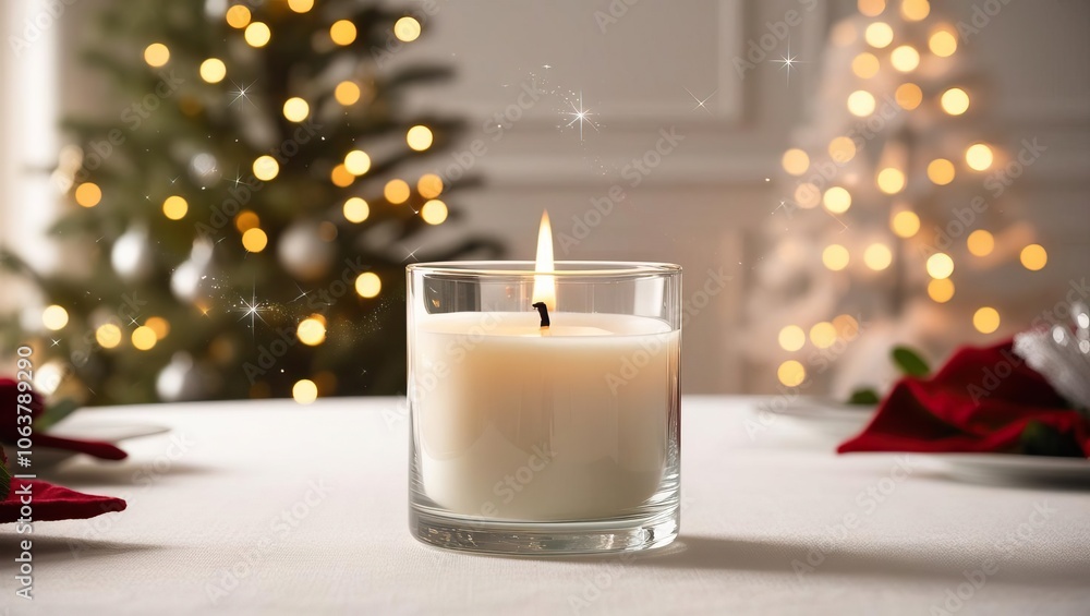 A serene candle illuminates a festive setting, surrounded by decorated Christmas trees and twinkling lights, creating a warm holiday atmosphere. A serene candle illuminates a festive setting, surrounded by decorated Christmas trees and twinkling lights, creating a warm holiday atmosphere.