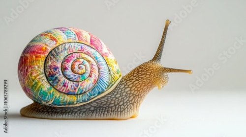 A colorful snail showcasing a vibrant, patterned shell against a clean background.