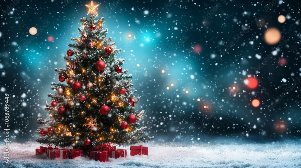 Obraz premium A Christmas tree with red ornaments and a star on top