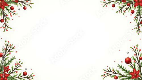The border of a vector Christmas design features branches adorned with various Christmas decorations and ornaments in a festive holiday theme