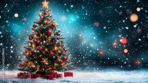 Wallpaper Mural A Christmas tree with red ornaments and a star on top Torontodigital.ca