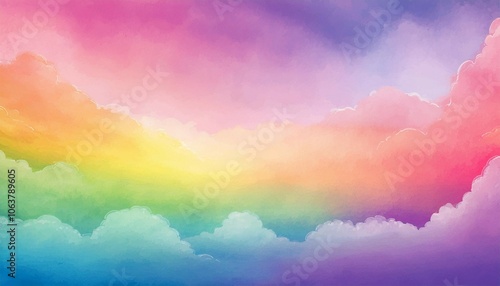 colorful watercolor background of abstract sunset sky with puffy clouds in bright rainbow colors of pink green blue yellow and purple