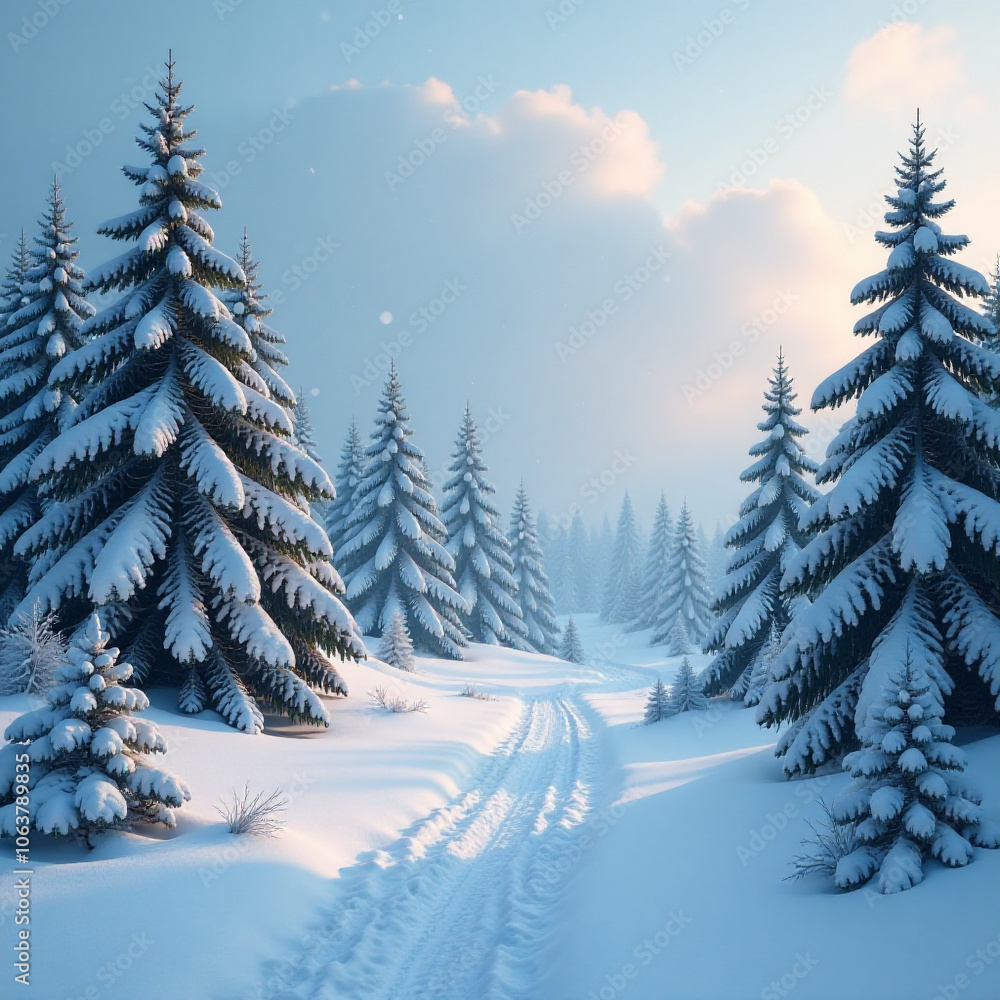 Obraz premium Snowfall in winter forest.Beautiful landscape with snow covered fir trees and snowdrifts.Merry Christmas and happy New Year greeting background with copy-space.Winter fairytale