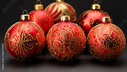 christmas ornaments feature red gold decorations intricate designs suitable festive holiday display photo