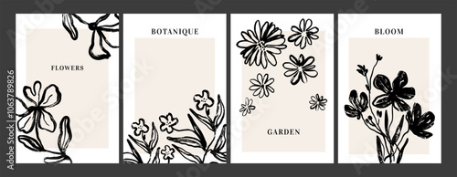 Ink brush flowers posters. Simple ink stroke botanique poster with flower and branches. Garden floral elements for cards, home interior decor. Black flower silhouette vector background