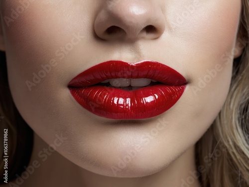 Close-up of a woman’s lips coated in rich red lipstick, highlighting their smooth texture and vibrant color, adding a touch of elegance and bold style