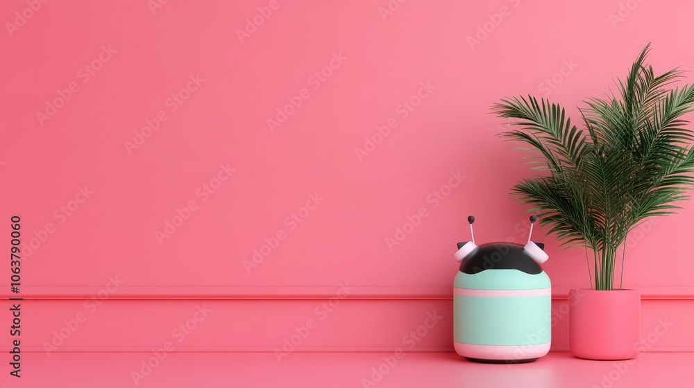 A vibrant pink setting features a decorative potted plant next to a playful, robot-inspired accent piece, creating a modern and cheerful atmosphere. A vibrant pink setting features a decorative potted plant next to a playful, robot-inspired accent piece, creating a modern and cheerful atmosphere.