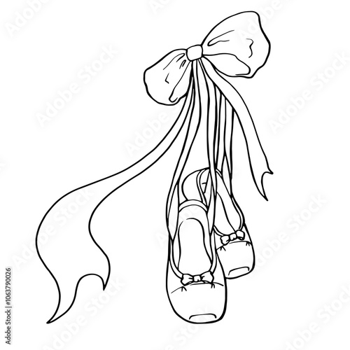 AdobBallerina pointe shoes with bow and ribbons. Vector illustration of shoes for classical graceful classic dance. Girly accessory. Shoes hanging on ribbons. Badge for dance schoe Illustrator Artwork