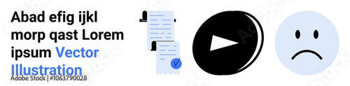 Document with checkmark, black play button, and sad face emotion in light blue circle. Ideal for digital presentations, apps, websites, infographics, tutorials, education, media content. Landing page