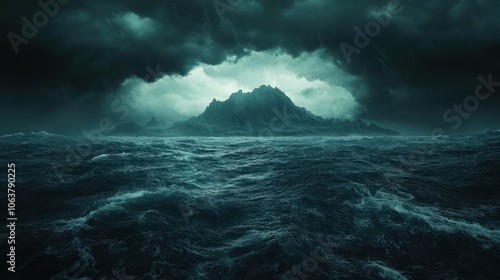 A dramatic stormy seascape with dark clouds and a mountainous island in the distance.