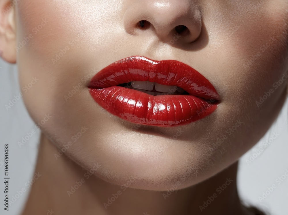 Naklejka premium A close-up of a woman's lips adorned with rich, red lipstick, showcasing their smoothness and glossy finish, exuding confidence and allure