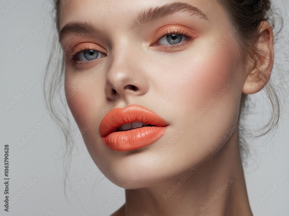 A striking portrait of a woman with mesmerizing eyes and luscious lips, embodying elegance and confidence in her serene expression