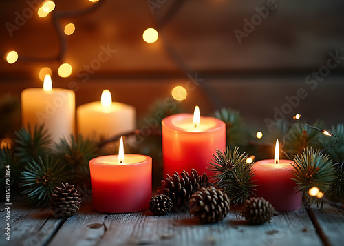 Stylish Christmas candles pine trees and cones decorate a rustic wooden background in a Scandinavian room during an atmospheric winter evening