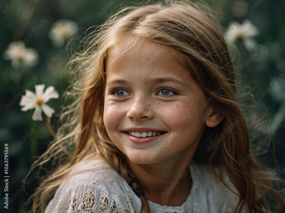 A smiling girl radiates happiness, with a warm and friendly expression on her face, conveying positivity and joy A smiling girl radiates happiness, with a warm and friendly expression on her face, conveying positivity and joy