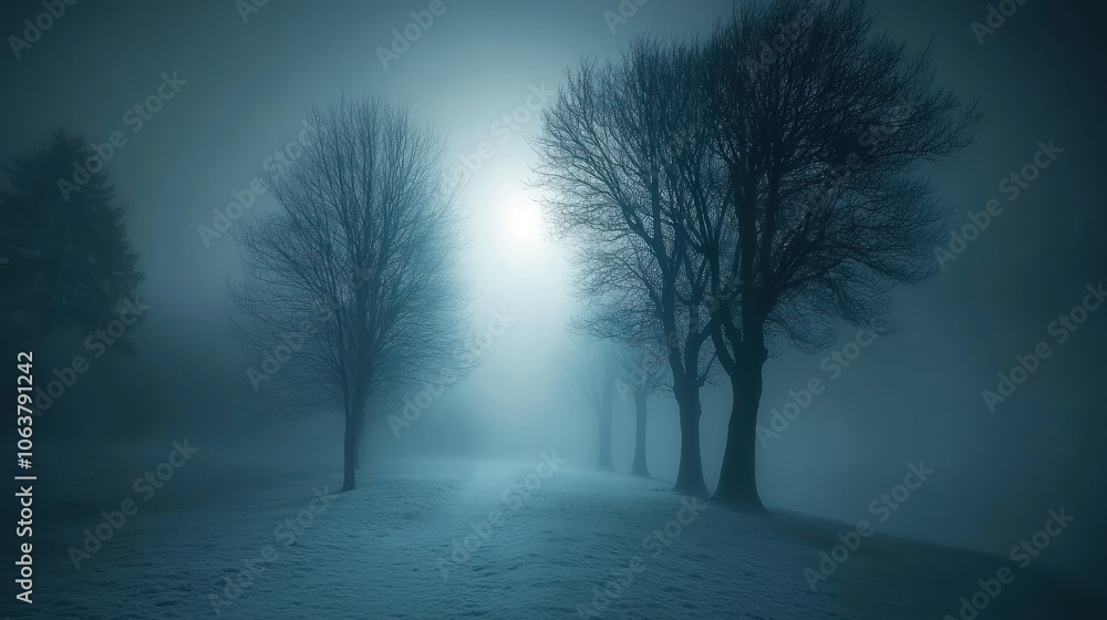 A mysterious path through a foggy forest, with bare trees silhouetted against a glowing light source.