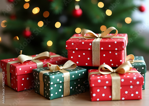 Stacks of brightly wrapped gifts sit on a table in front of a festive green tree photo