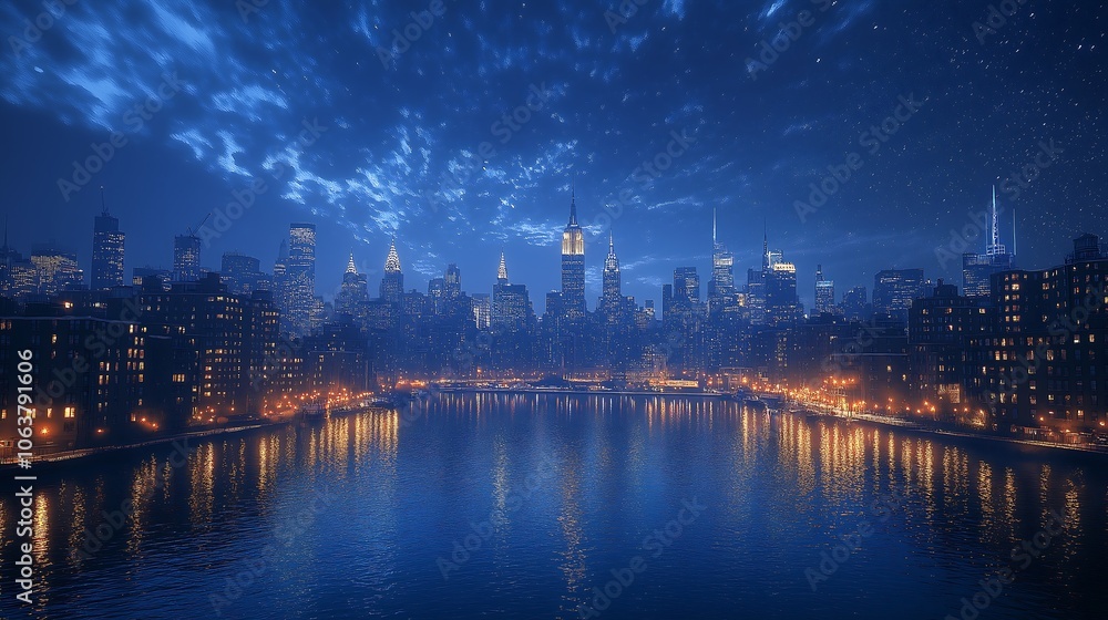 Fototapeta premium Night City with Neon Lights Reflected Over a Lake Blue Background Generative AI