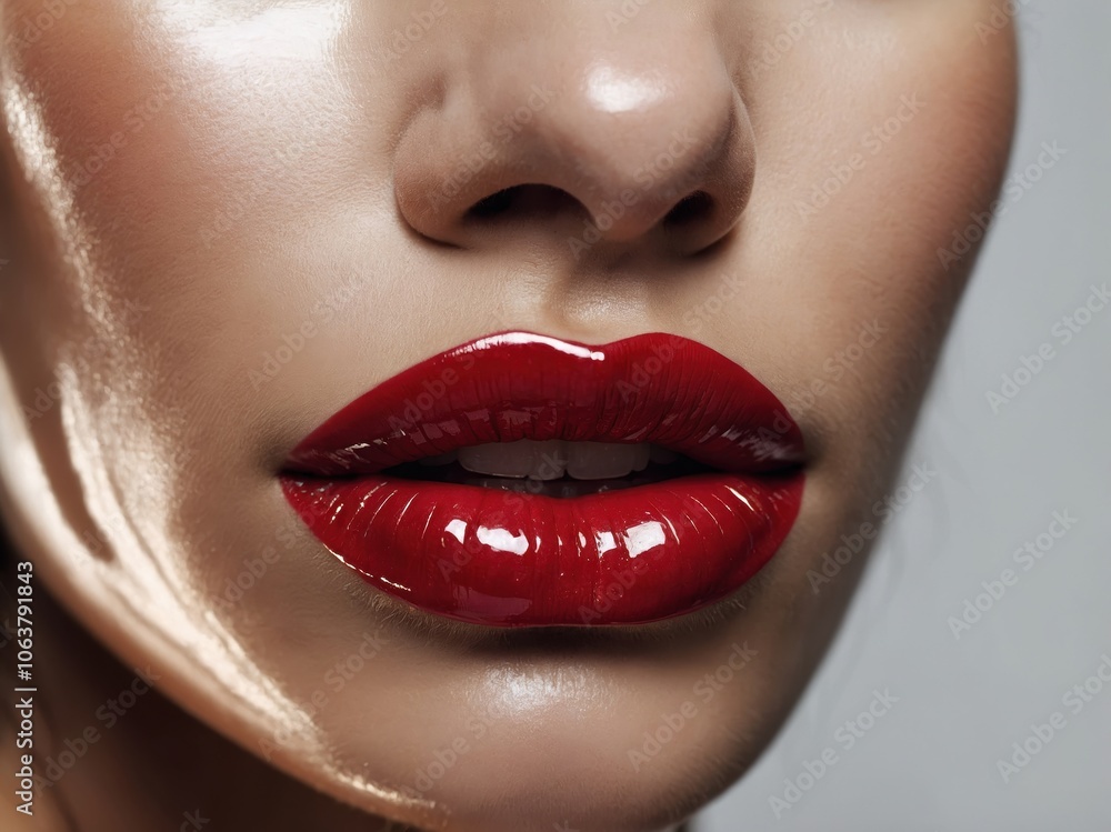 Obraz premium A close-up shot of perfectly applied deep red lipstick on a woman's lips, highlighting their fullness, vibrancy, and flawless, smooth finish