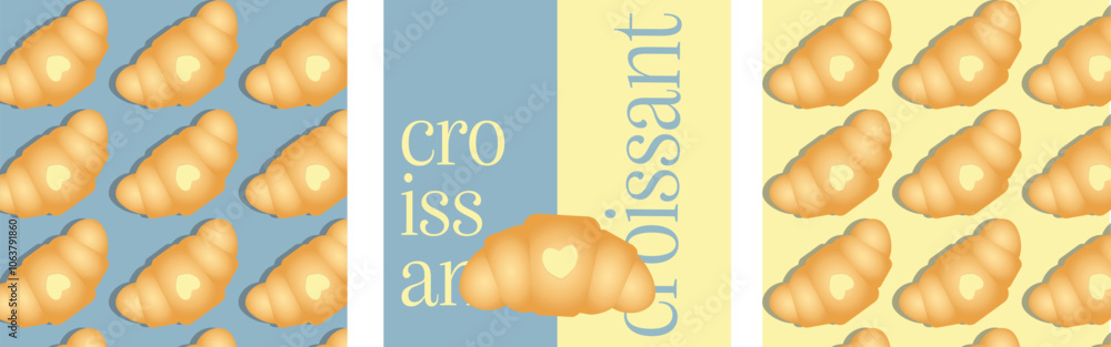 croissant illustration with text on a split blue and beige colors, seamless pattern featuring croissant. Perfect for bakery, cafe and food-related designs croissant illustration with text on a split blue and beige colors, seamless pattern featuring croissant. Perfect for bakery, cafe and food-related designs