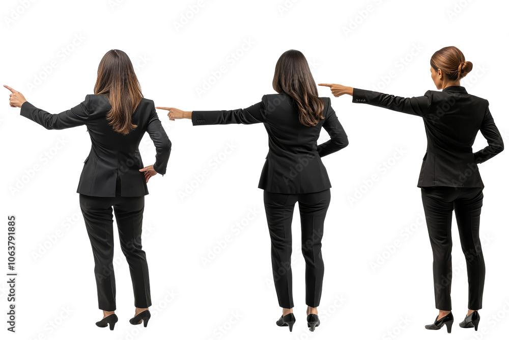 Three businesswomen in black suits pointing in different directions, showcasing confidence and teamwork Three businesswomen in black suits pointing in different directions, showcasing confidence and teamwork