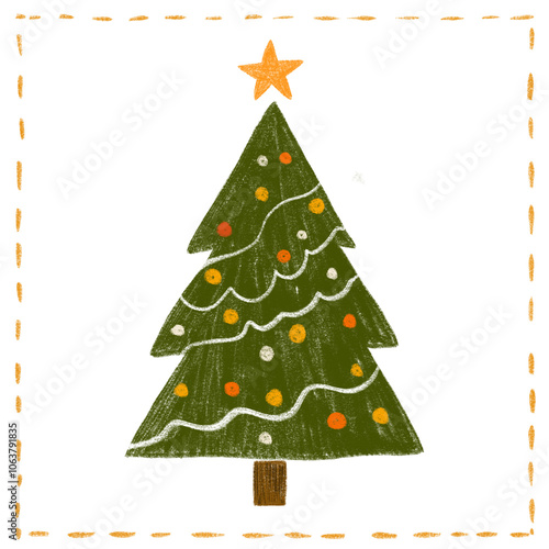 Colorful hand-drawn Christmas tree with ornaments and a star on top, decorated for the festive season