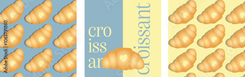 croissant pattern and typography design in blue and beige. Perfect for bakery branding, cafe menu, pastry packaging, food blogs, advertising, social media posts.
